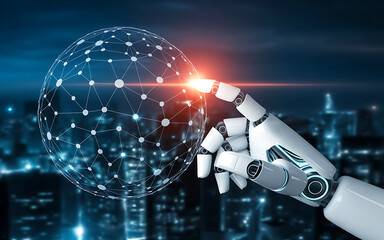Artificial intelligence robot hand touching global network tech