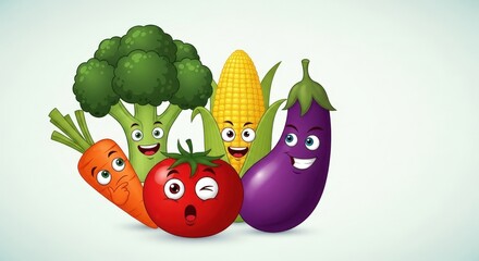 Cartoon vegetables with funny faces, broccoli, corn, eggplant, tomato, and carrot, arranged in a group.
