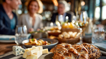 Gourmet Dining Experience: Friends sharing a delicious meal together with an assortment of cheese, bread and other side dishes.