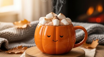 Cozy autumn morning with pumpkin mug hot chocolate, marshmallows, and fireplace glow