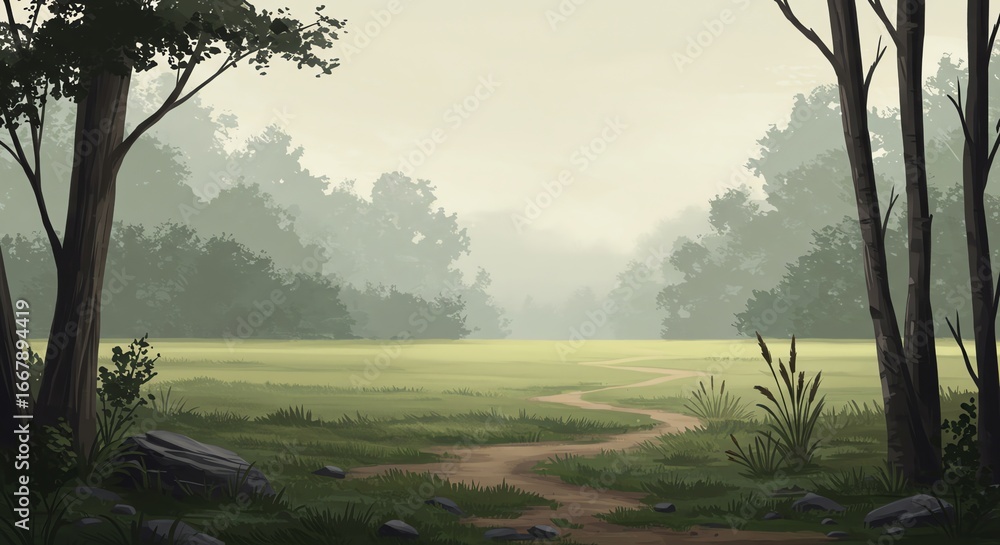 Poster forest path through grassy meadow with trees