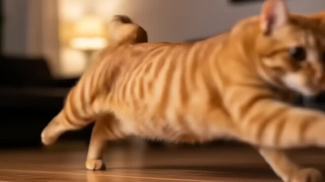 Ginger Cat Chasing Laser Pointer Indoors.