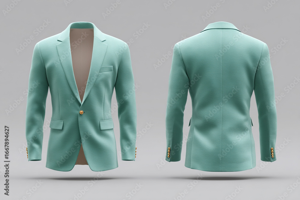 Poster light green tailored blazer, front and back views. sophisticated style with a single button closure 