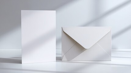 Minimalist white envelope and card on a bright surface, creating a modern and clean aesthetic with soft shadows.