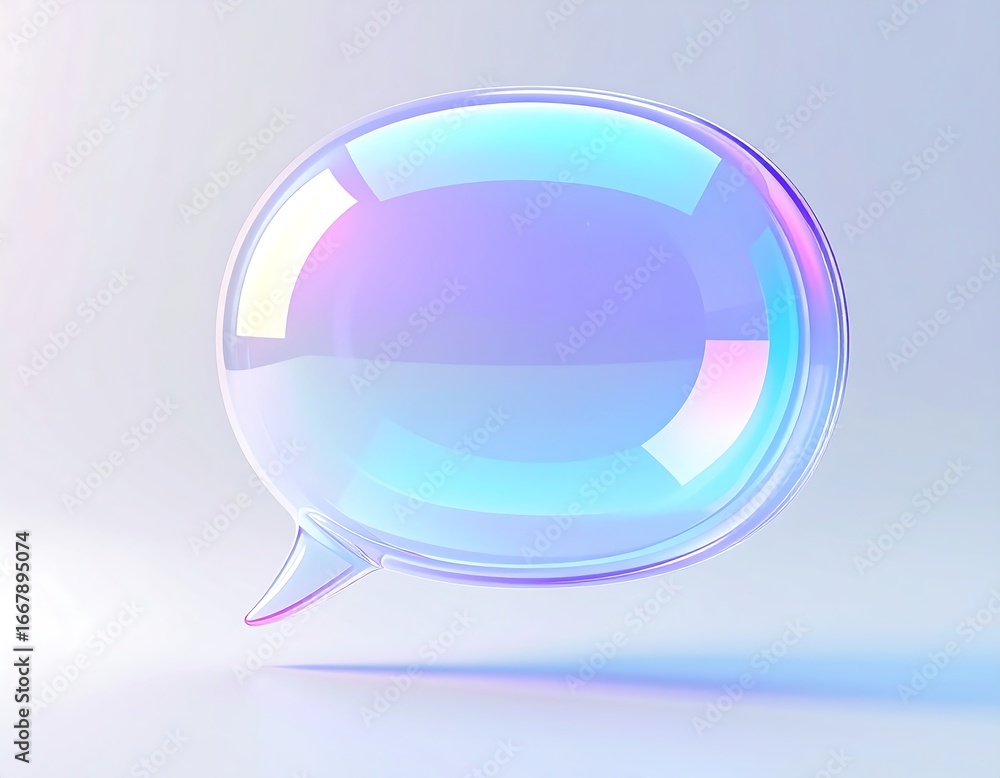 Poster glossy transparent speech bubble with colorful reflections floating on a light blue background