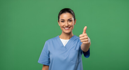 Smiling nurse in blue scrubs giving a thumbs up with a green background