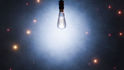 Glowing light bulb illuminating smoke and particles, creating a mystical atmosphere background