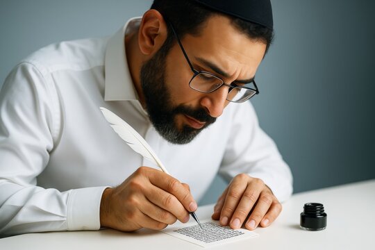 Jewish scribe writing traditional Hebrew script with quill pen on parchment, focused expression, cultural heritage concept, soft light background. Ai generative