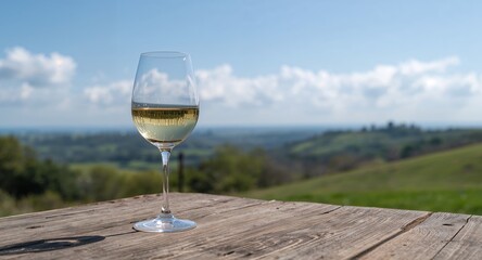 Golden Liquid in Elegant Glass, Set on Rustic Wood with Rolling Hills Backdrop.