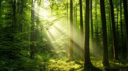 Fototapeta premium Sunlight filtering through trees in a lush forest nature photography tranquil environment serene viewpoint natural beauty concept