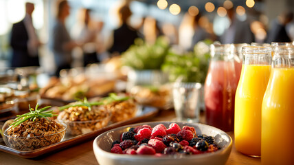 Catering display with fresh fruit, granola, juices and pastries for an office gathering or event. Balanced and healthy options.
