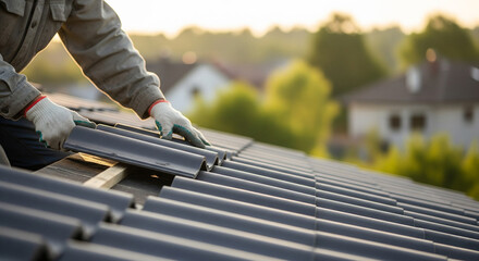 A person installing roof tiles.