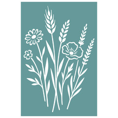 Minimalist floral vector silhouette with wildflowers, wheat ears, and meadow plants. Stencil design perfect for laser cutting, Cricut projects, vinyl decals, wall art, greeting cards, fabric printing.