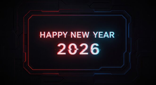 Happy new year 2026 in neon lights with a futuristic technology frame