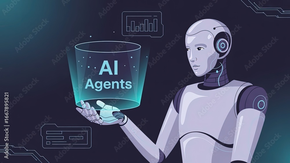 Poster ai agents: a sophisticated digital rendering of a humanoid robot thoughtfully holding a transparent 