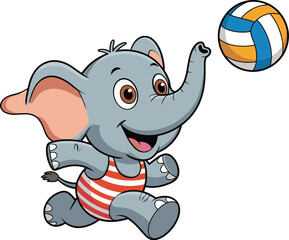 Cartoon elephant playing volleyball in striped swimsuit — energetic animal character for kids, sports, summer fun, and educational themes