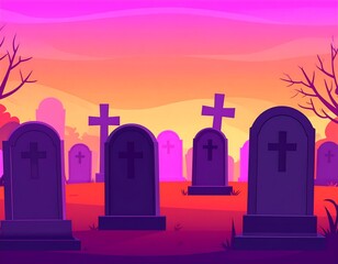 Fototapeta premium Spooky Halloween Graveyard Scene at Sunset with Tombstones and Bare Trees.