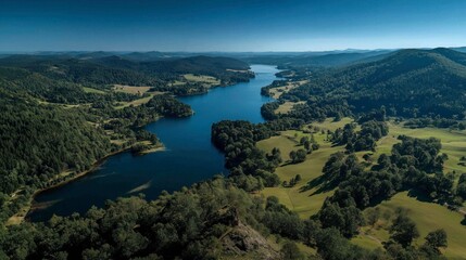 Scenic Aerial View of River Winding Through Lush Green Forest and Rolling Hills Under Clear Blue Sky