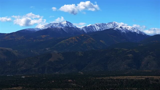 Buena Vista Mount Princeton Yale aerial drone Sawatch Range fall autumn aspen trees San Isabel National Forest snow dusting morning vibrant blue sky clouds parallax circle right motion