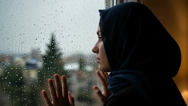 Pensive Muslim woman gazing through window, a poignant scene of solitude. Woman wearing hijab reflects in window, observing rain and city lights, embodies deep contemplation.