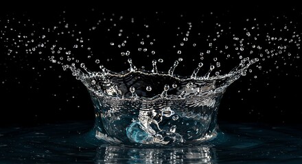 Water splash crown against black background