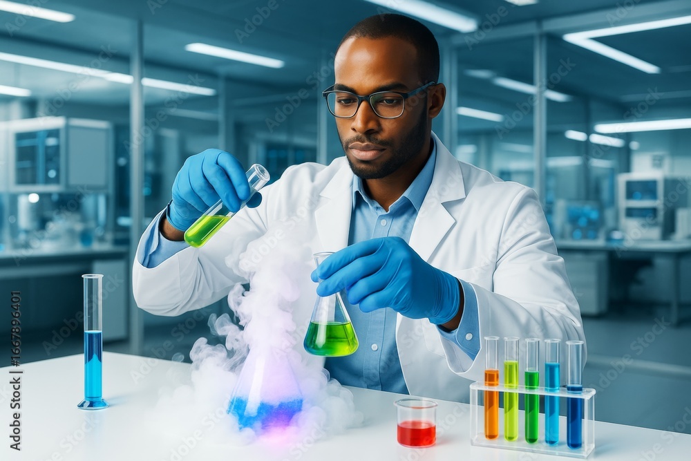 Aufkleber scientist mixing colorful chemicals in laboratory with glowing light effects and smoke on a futurist