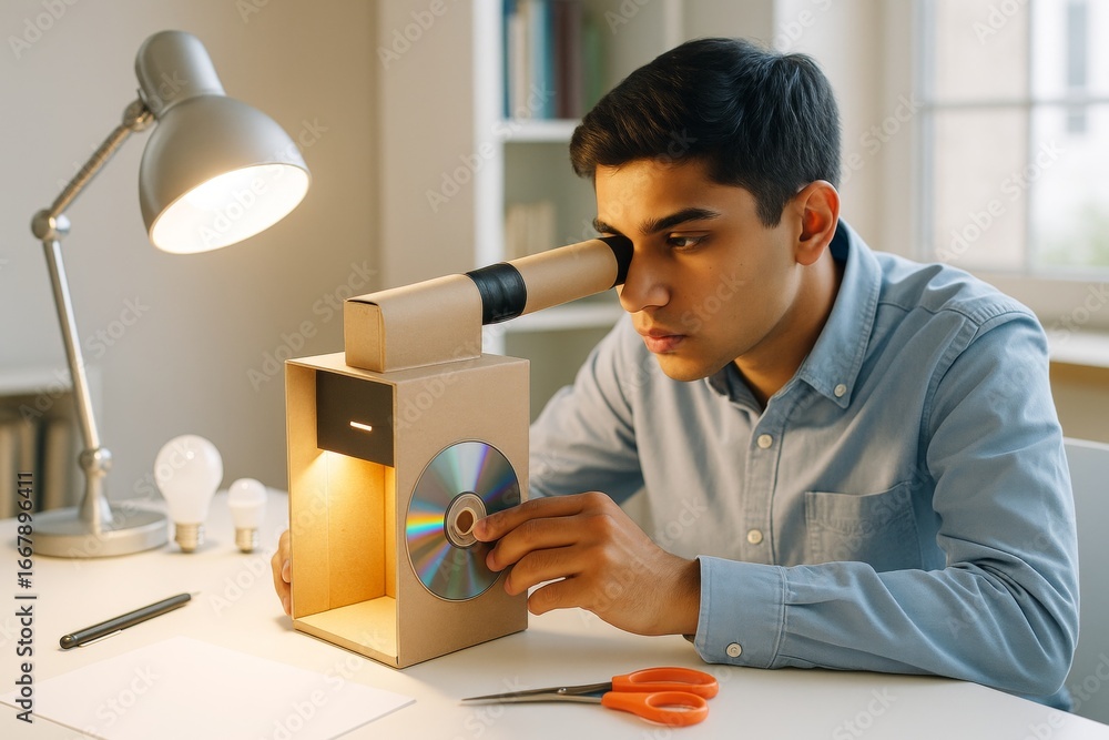 Poster teen boy using handmade cardboard spectroscope with cd to study light spectrum at home desk near lam