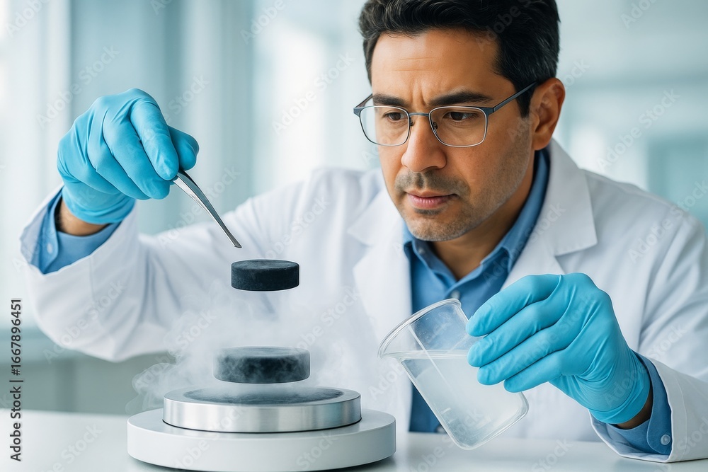 Poster scientist performing superconductivity experiment with levitating magnet and liquid nitrogen in labo