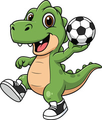 Cartoon green dinosaur with soccer ball — sporty upright character for kids content, playful learning, and fun athletic-themed illustrations