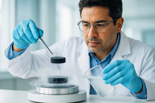 Scientist performing superconductivity experiment with levitating magnet and liquid nitrogen in laboratory on light background. Ai generative. Ai generative - Powered by Adobe