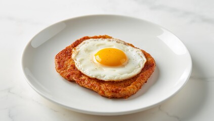 SunnySide Up on Crispy Patty A Study in Textures and Colors on White Porcelain.