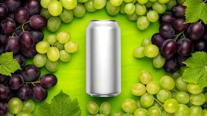 Vibrant grape juice can template features a lively frame of green and red grapes