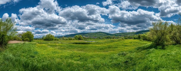Panoramic Meadow Landscape Under Cloudy Summer Sky