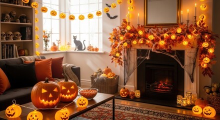 Obraz premium Cozy Halloween living room decorated with jack-o'-lanterns and festive autumn decor
