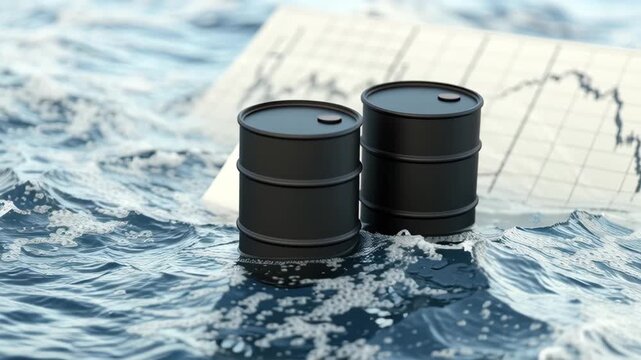 Oil barrel floating on water with currency fluctuation on commodities market chart showing market trends and economic impact