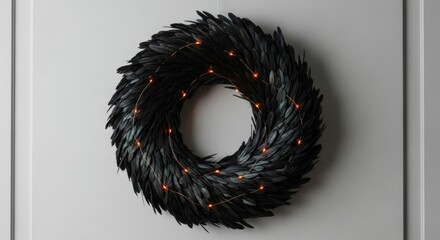 Stunning black feather wreath with glowing lights for elegant holiday decor and design