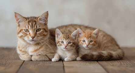 Feline Family Portrait. A Cozy Gathering of a Mother Cat and Two Small Kittens.