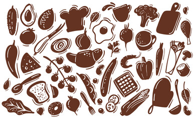 Hand-drawn food and cooking vector set with coffee, tea, bread, croissant, vegetables, fruits, cheese, egg, waffle, and kitchen elements. Perfect for restaurant and cafe menu design, coffee shop brand