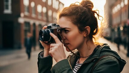 Woman with camera taking photo in an urban environment with city buildings and people in the background. Camera in hand, she focuses, captures moment, enjoying creative process.
