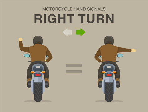Safe motorcycle riding tips and rules. Types of "right turn" hand signal. Bending left arm and extending right arm. Back view. Flat vector illustration template.