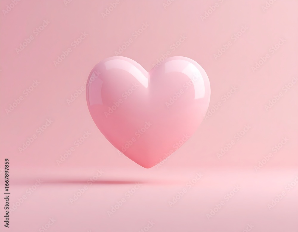 Poster a glossy pink 3d heart floating on a light pink background with subtle shadow
