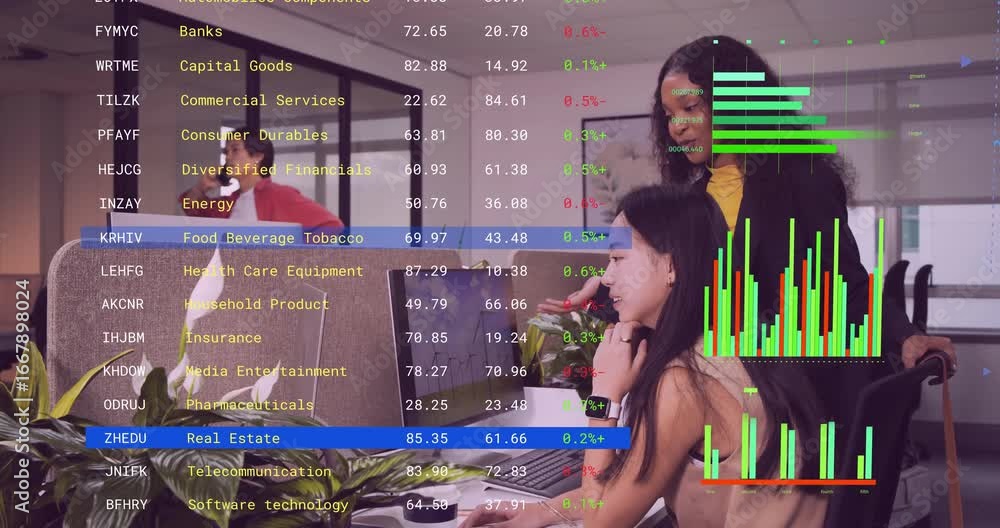 Poster man answering phone initiating analyst and manager reviewing overlaid finance charts animating
