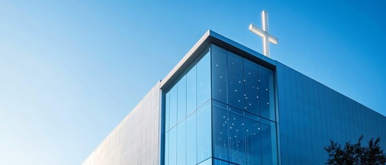 A modern church building with a glass facade and a prominent cross against a clear blue sky, offering copy space