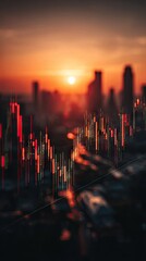 Stock market graphs overlaid on a cityscape at sunrise