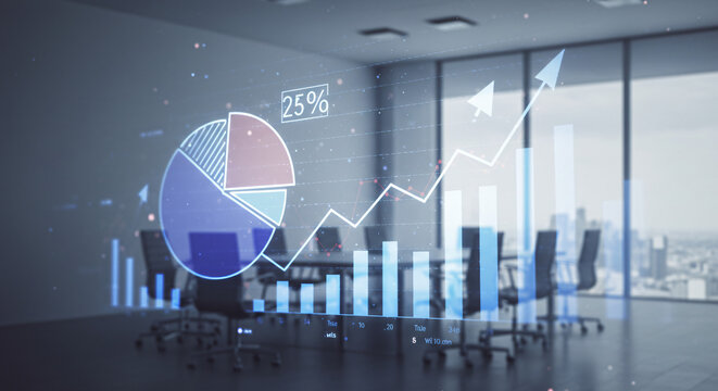 A digital overlay of business charts and graphs, including a rising bar chart and a pie chart, inside a modern corporate meeting room, symbolizing financial growth and strategic planning.