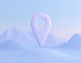 A minimalist 3D representation of a location pin floating serenely in a soft blue pastel mountainous landscape