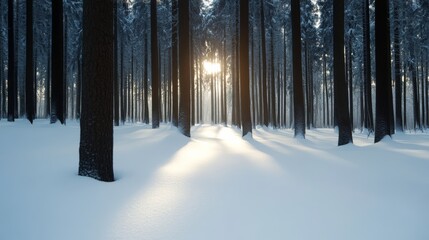 Winter sunrise action scene snowy forest location nature content type tranquil environment eye-level viewpoint serenity concept for seo impact