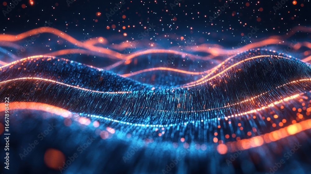 Poster dynamic abstract data waves with glowing particles and lines flowing in cyber space