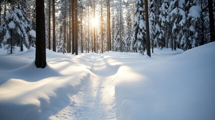 Fototapeta premium Winter wonderland snow-covered path through a tranquil forest scenic nature landscape serene environment peaceful viewpoint