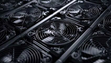 Close-up grid of numerous, dark, spinning cooling fans
